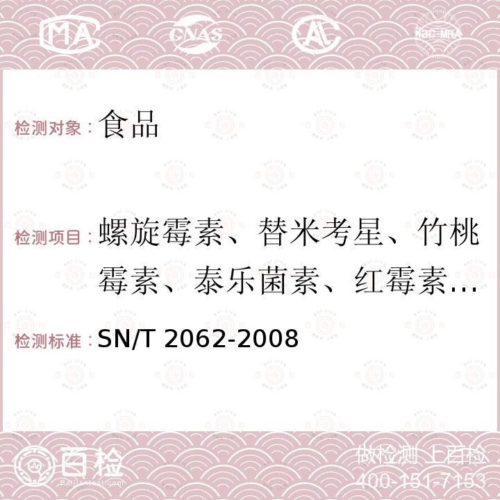 螺旋霉素、替米考星、竹桃霉素、泰乐菌素、红霉素、罗红霉素、交沙霉素 进出口蜂王浆中大环内酯类抗生素残留量的检测方法 液相色谱串联质谱法 SN/T 2062-2008