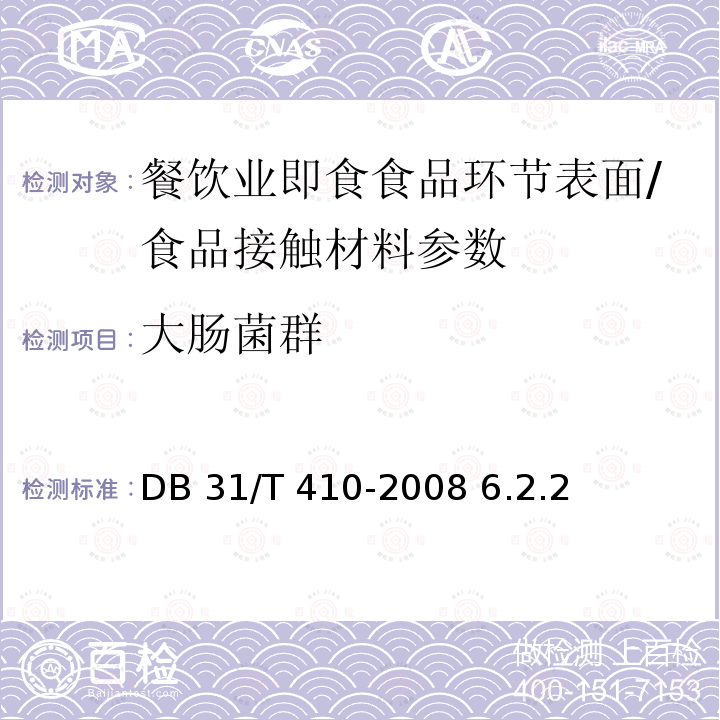 大肠菌群 餐饮业即食食品环节表面卫生要求/DB 31/T 410-2008 6.2.2