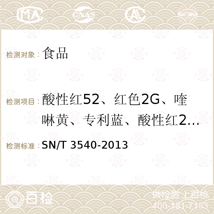 酸性红52、红色2G、喹啉黄、专利蓝、酸性红26、酸性橙Ⅱ、孔雀石绿、碱性紫5BN、碱性玫瑰精B、碱性橙Ⅱ、碱性嫩黄O、分散蓝3、溶剂黄Ⅰ、分散橙3、分散黄3、分散红1、溶剂黄3、分散橙37/76、溶剂黄2、亮绿、碱性品红、柑橘红2号、苏丹Ⅰ、苏丹Ⅱ、苏丹Ⅲ、苏丹Ⅳ 出口食品中多种禁用着色剂的测定 液相色谱-质谱/质谱法 SN/T 3540-2013