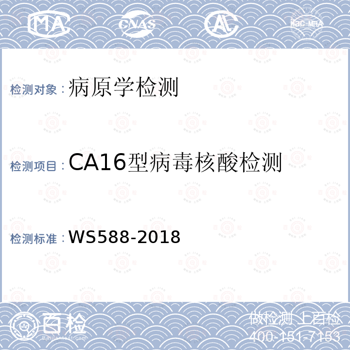 CA16型病毒核酸检测 WS 588-2018 手足口病诊断