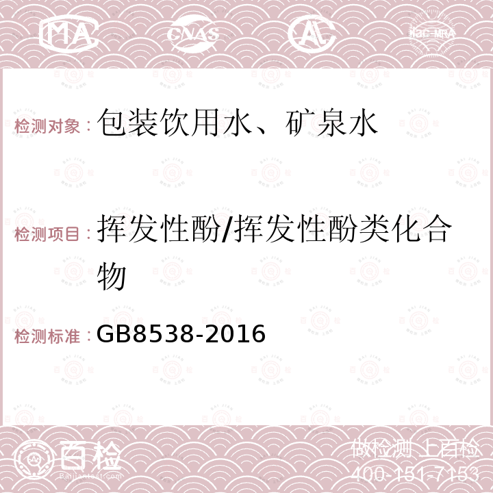 挥发性酚/挥发性酚类化合物 食品安全国家标准 饮用天然矿泉水检验方法