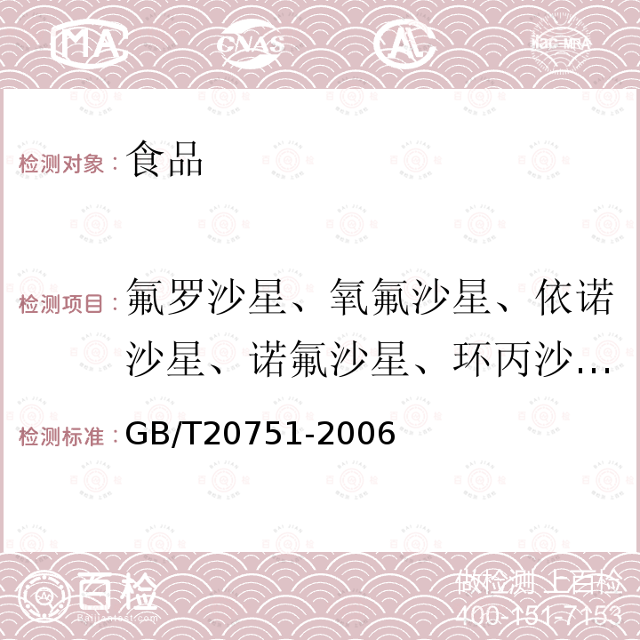 氟罗沙星、氧氟沙星、依诺沙星、诺氟沙星、环丙沙星、洛美沙星、丹诺沙星、奥比沙星、双氟沙星、沙拉沙星、司帕沙星、噁喹酸、萘啶酸、氟甲喹 鳗鱼及制品中十五种喹诺酮类药物残留量的测定液相色谱-串联质谱法GB/T20751-2006