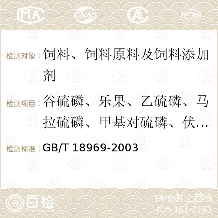 谷硫磷、乐果、乙硫磷、马拉硫磷、甲基对硫磷、伏杀磷、蝇毒磷、虫螨畏、杀螟松 饲料中有机磷农药残留量的测定 气相色谱法 GB/T 18969-2003