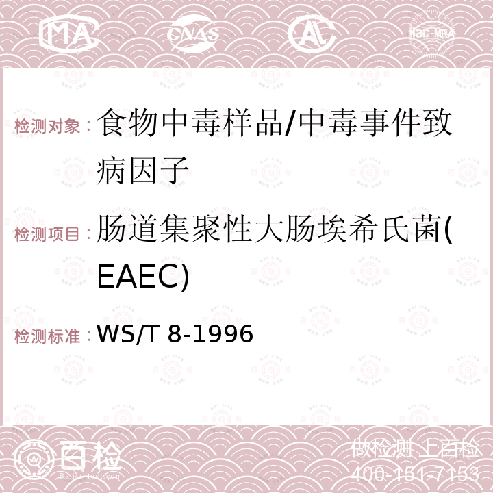 肠道集聚性大肠埃希氏菌(EAEC) WS/T 8-1996 病原性大肠艾希氏菌食物中毒诊断标准及处理原则