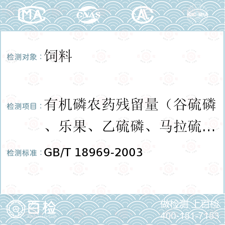 有机磷农药残留量（谷硫磷、乐果、乙硫磷、马拉硫磷、甲基对硫磷、伏杀磷、蝇毒磷） 饲料中有机磷农药残留量的测定气相色谱法 GB/T 18969-2003