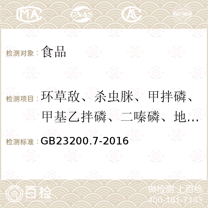 环草敌、杀虫脒、甲拌磷、甲基乙拌磷、二嗪磷、地虫硫磷、五氯硝基苯、二丙烯草胺、烯丙酰草胺、联苯二胺、土菌灵、苯胺灵、除线磷、乐果、艾氏剂、狄氏剂、扑草净、百菌清、乙烯菌核利、六六六、滴滴涕、毒死蜱、敌敌畏、甲霜灵、甲基对硫磷、蒽醌、倍硫磷、马拉硫磷、杀螟硫磷、对硫磷、三唑酮、二甲戊灵、杀螨醚、氯丹、禾草灵、咪鲜胺、蝇毒磷、氟氯氰菊酯、氟胺氰菊酯、氯菊酯等 食品安全国家标准蜂蜜、果汁和果酒中497种农药及相关化学品残留量的测定气相色谱-质谱法GB23200.7-2016