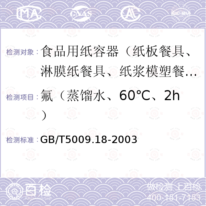 氟（蒸馏水、60℃、2h） 食品用氟的测定方法 GB/T5009.18-2003　　