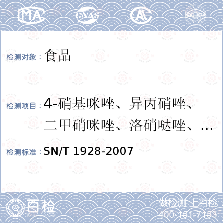 4-硝基咪唑、异丙硝唑、二甲硝咪唑、洛硝哒唑、甲硝唑、氯甲硝咪唑、地美硝唑、苯硝咪唑残留量及其代谢物(甲硝唑代谢物)、洛硝哒唑代谢物 SN/T 1928-2007 进出口动物源性食品中硝基咪唑残留量检测方法 液相色谱－质谱/质谱法