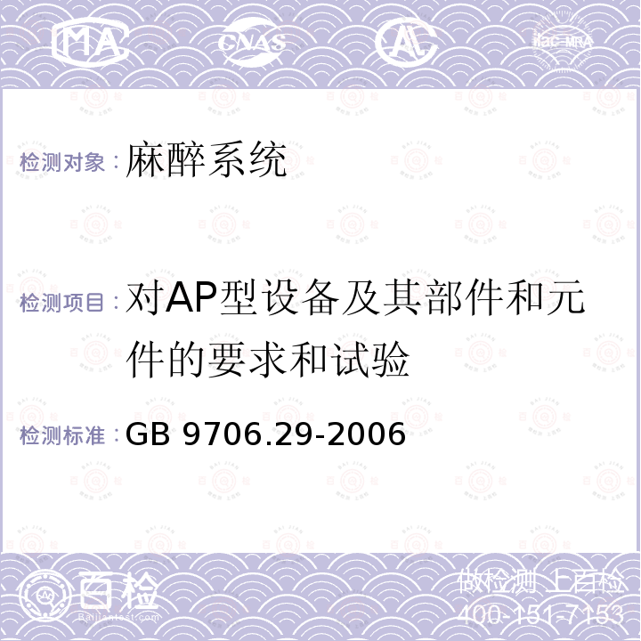 对AP型设备及其部件和元件的要求和试验 GB 9706.29-2006 医用电气设备 第2部分:麻醉系统的安全和基本性能专用要求