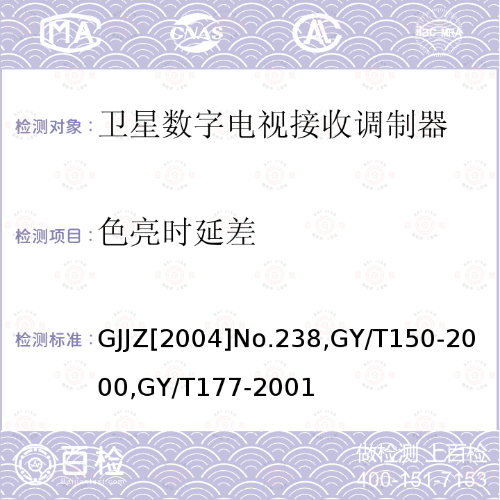 色亮时延差 关于发布卫星数字电视接收调制器等两种“村村通”用设备暂行技术要求的通知 ,
卫星数字电视接收站测量方法-室内单元测量，
电视发射机技术要求和测量方法