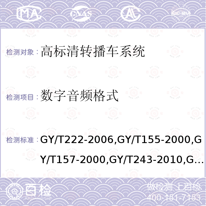 数字音频格式 GY/T 222-2006 数字电视转播车技术要求和测量方法