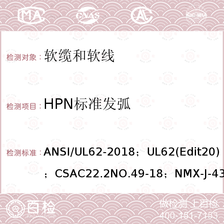 HPN标准发弧 ANSI/UL 62-20 软线和软缆