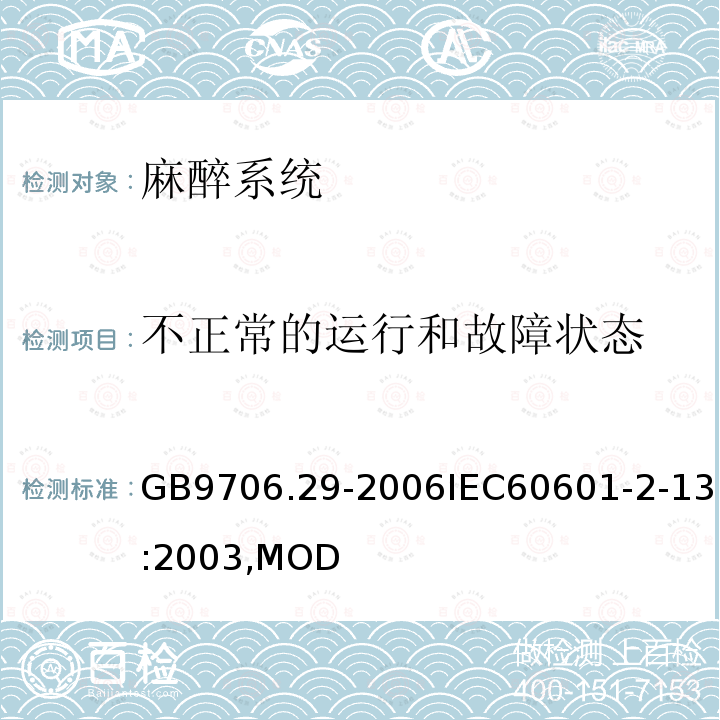 不正常的运行和故障状态 医用电气设备第2部分：麻醉系统的安全和基本性能专用要求