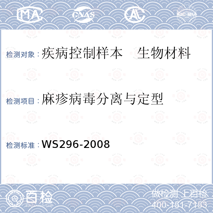 麻疹病毒分离与定型 WS 296-2008 麻疹诊断标准