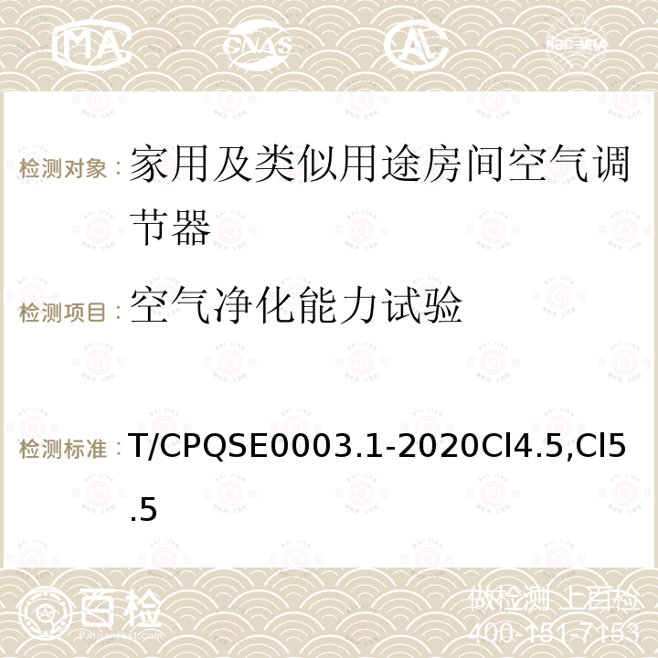 空气净化能力试验 T/CPQSE0003.1-2020Cl4.5,Cl5.5 消费类电器产品卫生健康技术要求 第1部分：家用及类似用途房间空气调节器