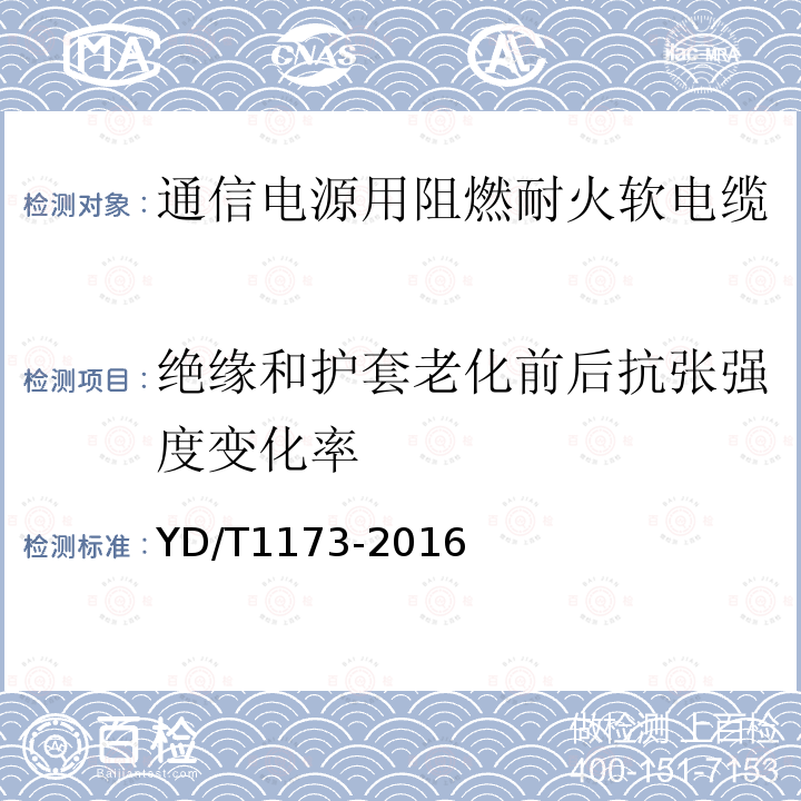 绝缘和护套老化前后抗张强度变化率 通信电源用阻燃耐火软电缆