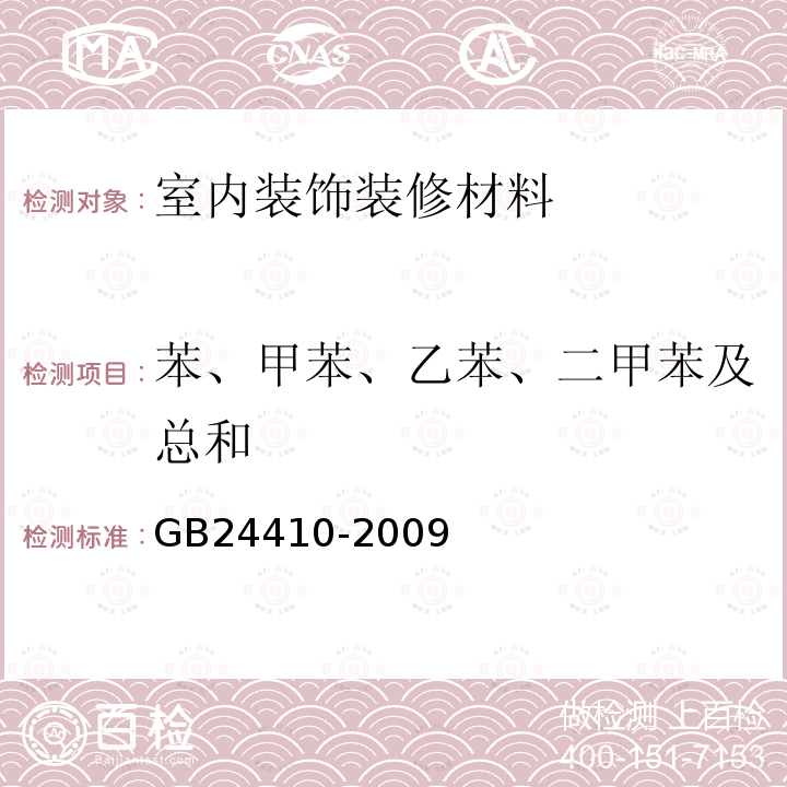 苯、甲苯、乙苯、二甲苯及总和 室内装饰装修材料 水性木器涂料中有害物质限量 附录A