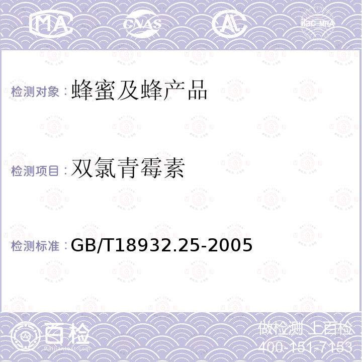 雙氯青霉素 蜂蜜中青霉素G、青霉素V、乙氧萘青霉素、苯唑青霉素、鄰氯青霉素、雙氯青霉素殘留量的測定方法 液相色譜-串聯(lián)質(zhì)譜法