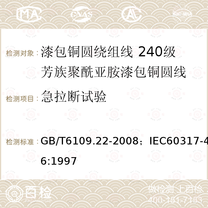 急拉断试验 漆包铜圆绕组线 第22部分:240级芳族聚酰亚胺漆包铜圆线