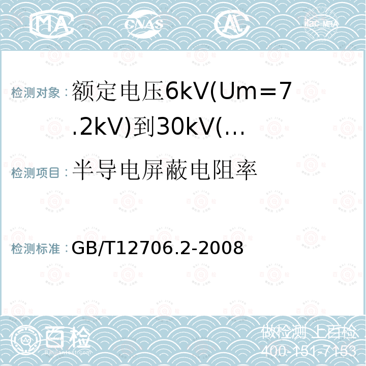 半导电屏蔽电阻率 额定电压1kV(Um=1.2kV)到35kV(Um=40.5kV)挤包绝缘电力电缆及附件 第2部分: 额定电压6kV(Um=7.2kV)到30kV(Um=36kV)电缆