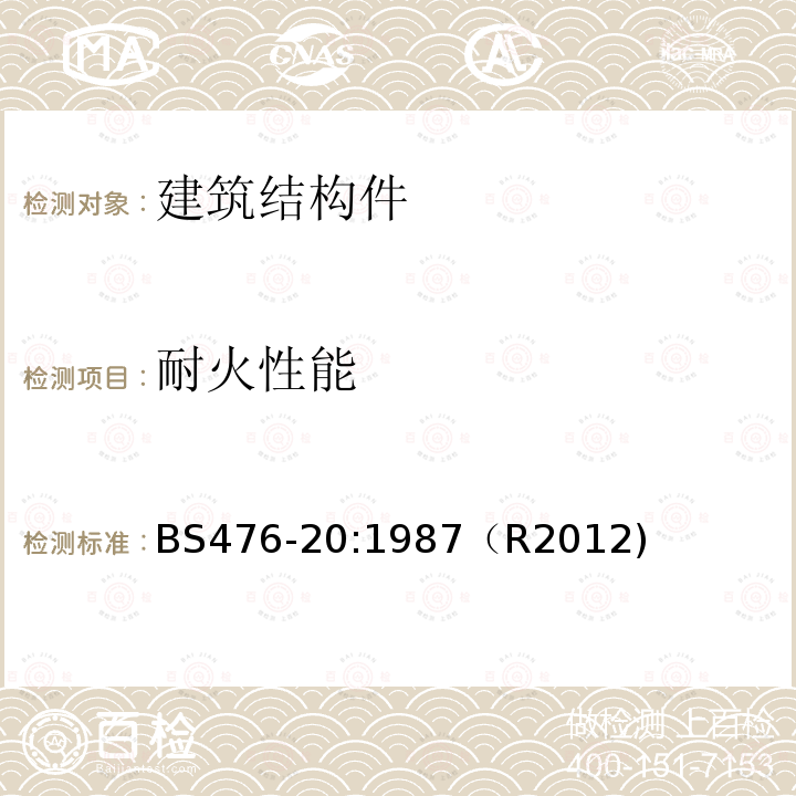 耐火性能 建筑材料和结构耐火 试验 第20部分： 建筑构件耐火性能 的测定方法(总则)