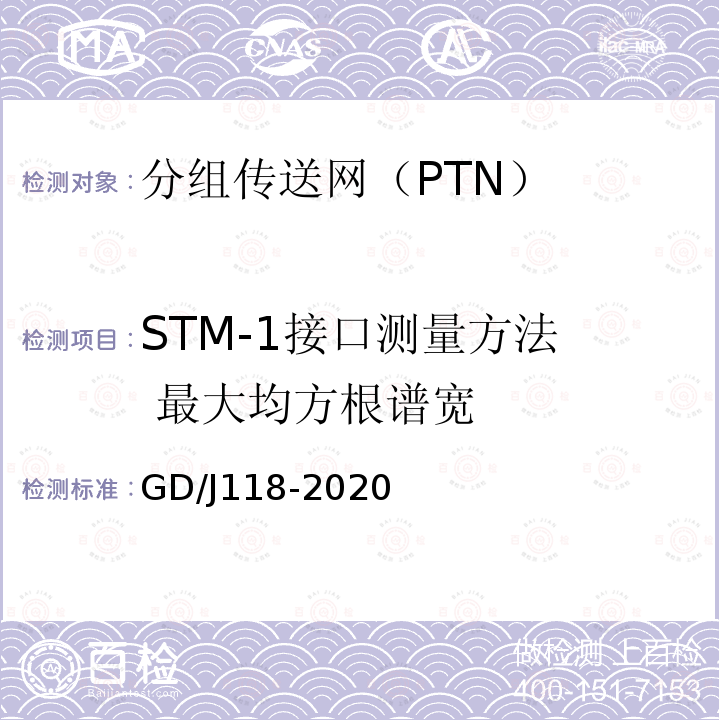 STM-1接口测量方法  最大均方根谱宽 GD/J118-2020 分组传送网（PTN）设备技术要求和测量方法