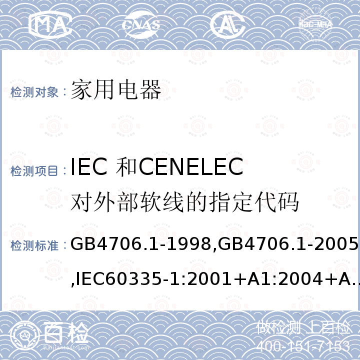 IEC 和CENELEC对外部软线的指定代码 家用和类似用途电器的安全 第1部分:通用要求