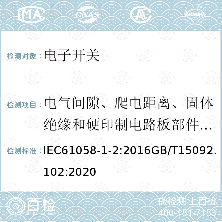 电气间隙、爬电距离、固体绝缘和硬印制电路板部件的涂敷层 器具开关 第1-2部分：电子开关的要求