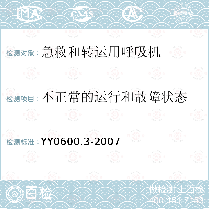 不正常的运行和故障状态 医用呼吸机　基本安全和主要性能专用要求　第3部分:急救和转运用呼吸机