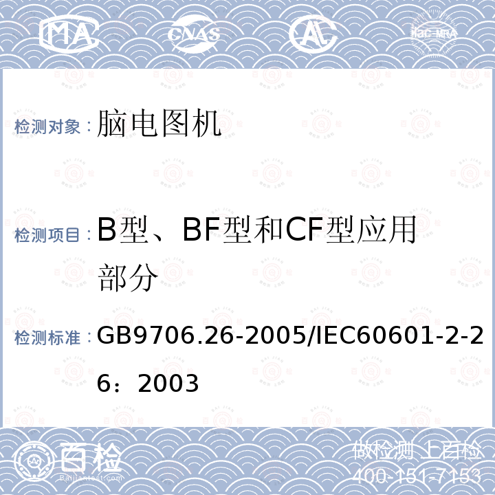 B型、BF型和CF型应用部分 GB 10793-2000 医用电气设备 第2部分:心电图机安全专用要求
