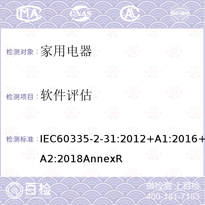 软件评估 IEC 60335-2-31-2012 家用和类似用途电器安全 第2-31部分:排油烟机的特殊要求