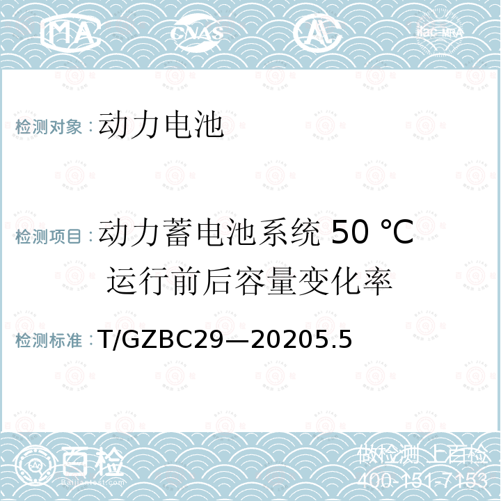 动力蓄电池系统 50 ℃ 运行前后容量变化率 亚热带湿热气候环境下的纯电动乘用车技术规范及第1号修改单