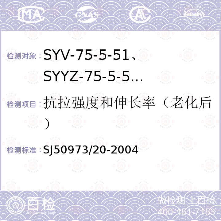 抗拉强度和伸长率（老化后） SYV-75-5-51、SYYZ-75-5-51型实心聚乙烯绝缘柔软射频电缆详细规范