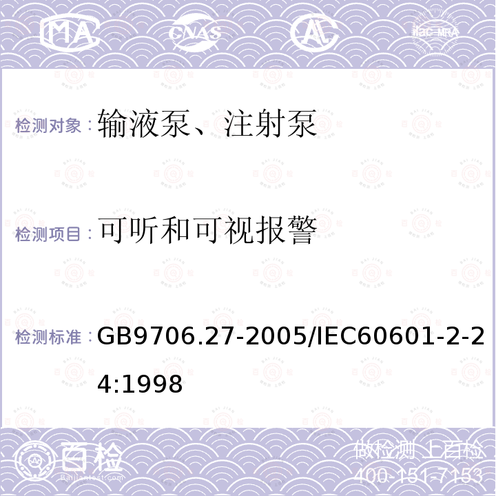 可听和可视报警 医用电气设备 第2-24部分：输液泵和输液控制器安全专用要求