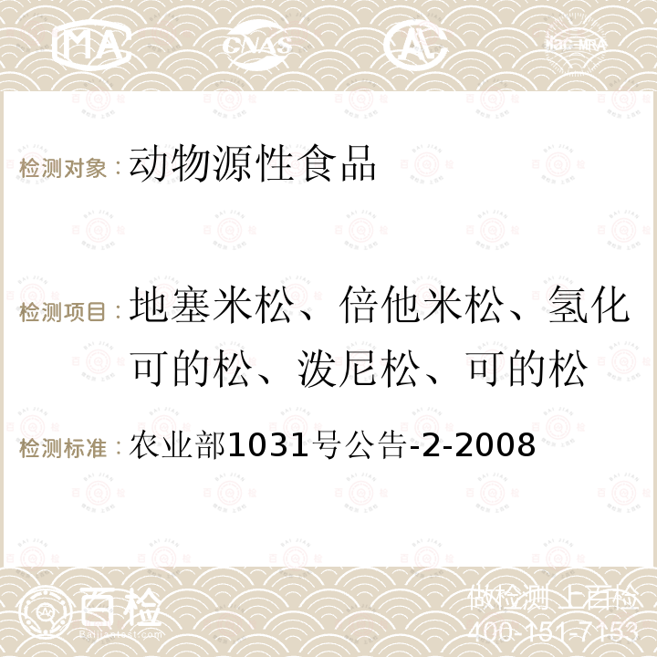 地塞米松、倍他米松、氢化可的松、泼尼松、可的松 农业部1031号公告-2-2008 动物源性食品中糖皮质激素类药物多残留检测液相色谱-串联质谱法（泼尼松、泼尼松龙、地塞米松、倍他米松、氟氢可的松、甲基泼尼松、倍氯米松、氢化可的松）