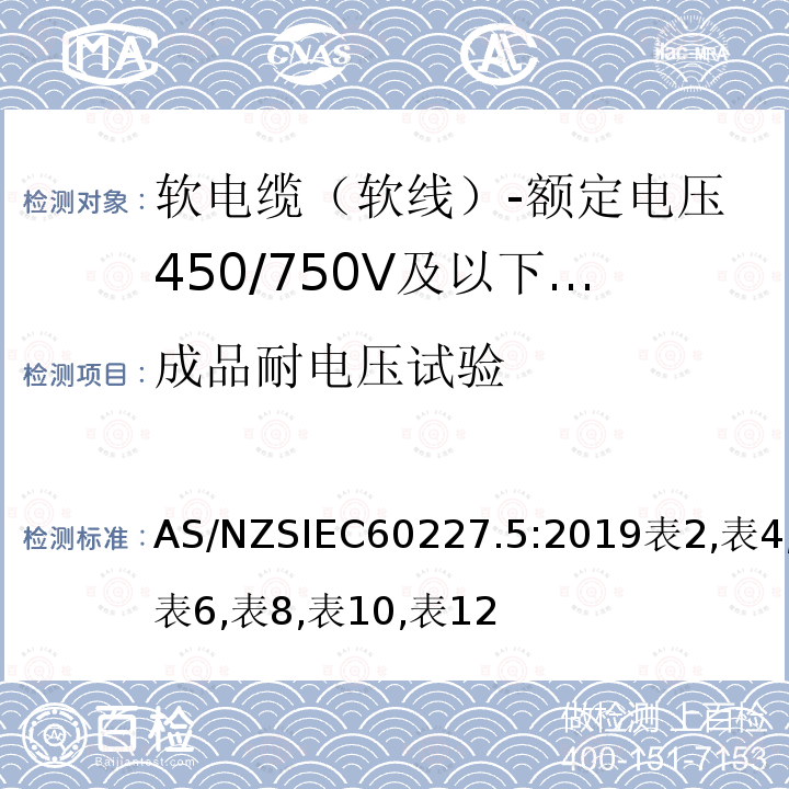 成品耐电压试验 额定电压450/750V及以下聚氯乙烯绝缘电缆 第5部分：软电缆（软线）