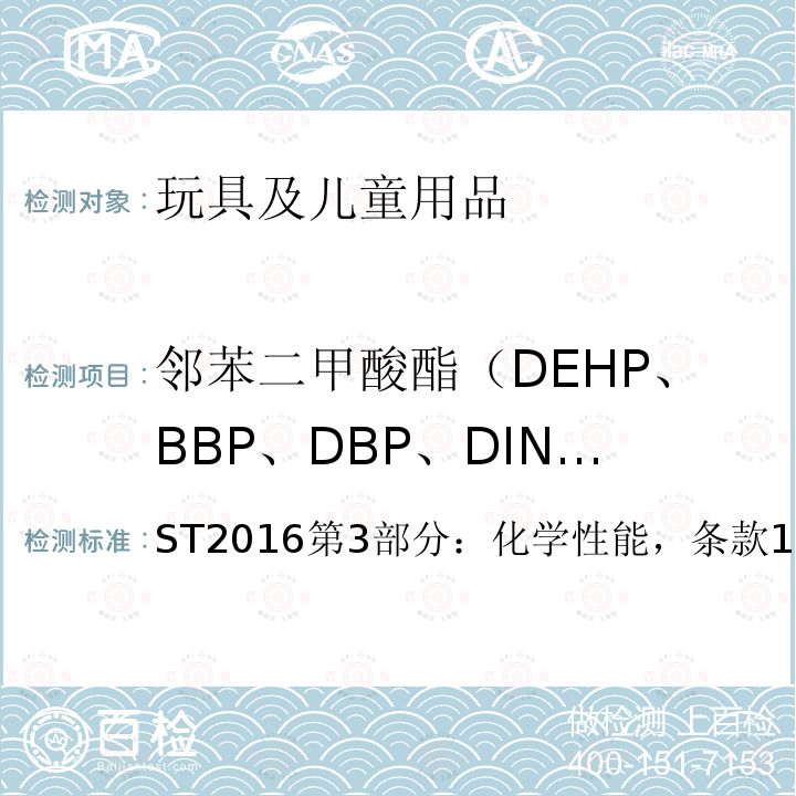 邻苯二甲酸酯（DEHP、BBP、DBP、DINP、DIDP、DNOP） ST2016第3部分：化学性能，条款1.9，2.10 日本玩具协会 玩具安全标准
