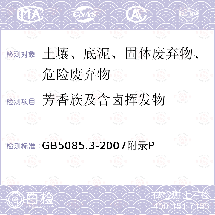 芳香族及含卤挥发物 危险废物鉴别标准 浸出毒性鉴别 附录P固体废物 芳香族及含卤挥发物的测定 气相色谱法