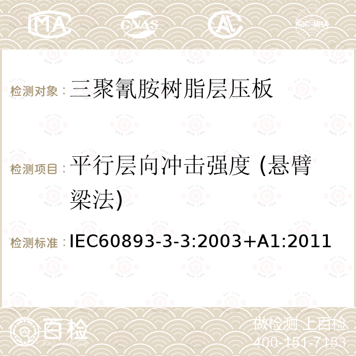 平行层向冲击强度 (悬臂梁法) 绝缘材料 电气用热固性树脂基工业硬质层压板第3部分：单项材料规范 第3篇：对三聚氰胺树脂硬质层压板的要求