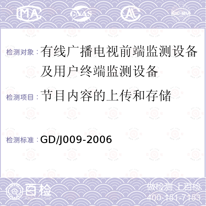 节目内容的上传和存储 有线广播电视前端监测设备及用户终端监测设备入网技术要求及测量方法