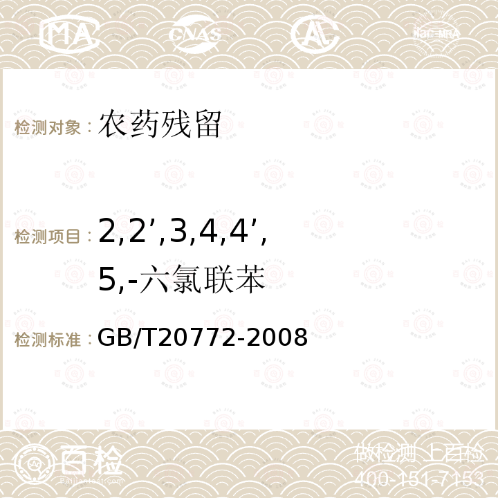 2,2’,3,4,4’,5,-六氯联苯 动物肌肉中461种农药及相关化学品残留量的测定 液相色谱-串联质谱法