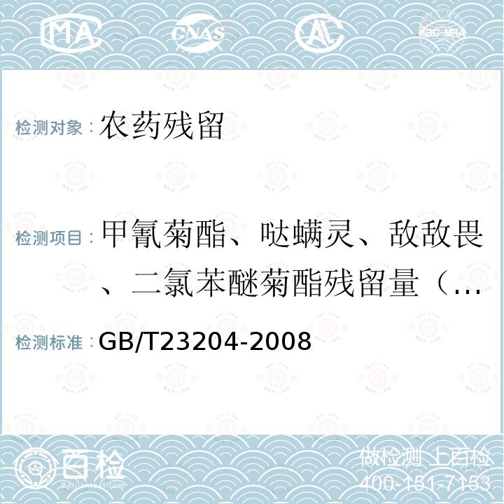 甲氰菊酯、哒螨灵、敌敌畏、二氯苯醚菊酯残留量（氯菊酯）、氟氯氰菊酯和高效氟氯氰菊酯、氟氰戊菊酯、克螨特（炔螨特）、喹螨醚、氰氟草酯、戊菌唑、灭线磷、內吸磷、甲拌磷砜、乐果、联苯菊酯、六六六、滴滴涕、氯氟氰菊酯、氯氰菊酯和高效氯氰菊酯、氰戊菊酯、噻螨酮、三氯杀螨醇、杀螟硫磷、溴氰菊酯、唑螨酯、虫螨腈、甲拌磷（甲拌磷及其氧类似物（亚砜、砜））、甲基对硫磷、氯唑磷、水胺硫磷、氯氰菊酯、三唑酮、甲胺磷、氯菊酯、噻嗪酮、乙酰甲胺磷 茶叶中519种农药及相关化学品残留量的测定气相色谱-质谱法