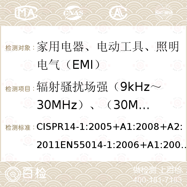 辐射骚扰场强（9kHz～30MHz）、（30MHz～300MHz） 家用电器、电动工具和类似器具的电磁兼容要求 第1部分：发射