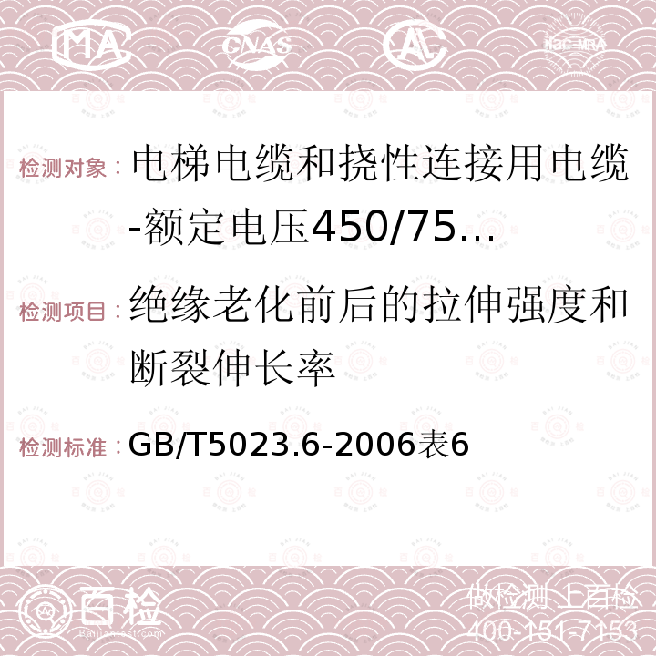 绝缘老化前后的拉伸强度和断裂伸长率 额定电压450/750V及以下聚氯乙烯绝缘电缆 第6部分:电梯电缆和挠性连接用电缆