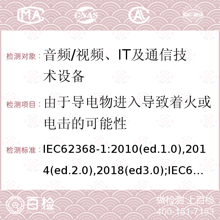 由于导电物进入导致着火或电击的可能性 音频/视频，信息和通信技术设备 - 第1部分：安全要求