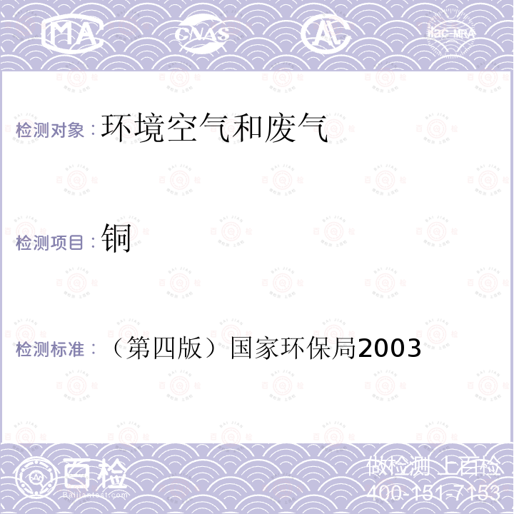 铜 环境空气 铜、锌、铁的测定 原子吸收分光光度法 空气和废气监测分析方法 （第四版） 国家环保局2003