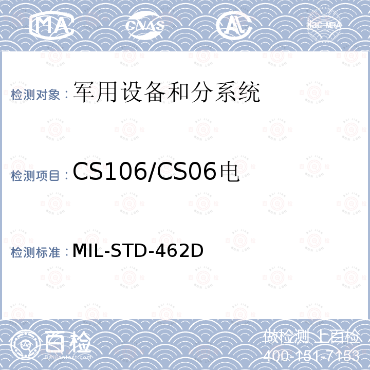 CS106/CS06
电源线尖峰信号
传导敏感度 MIL-STD-462D 电磁干扰特性测量