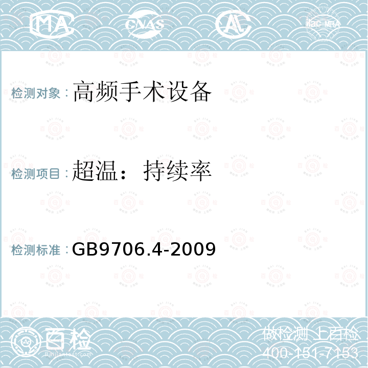 超温：持续率 GB 9706.4-2009 医用电气设备 第2-2部分:高频手术设备安全专用要求
