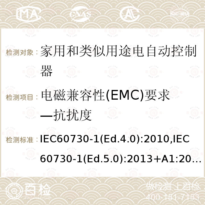 电磁兼容性(EMC)要求—抗扰度 家用和类似用途电自动控制器 第1部分：通用要求