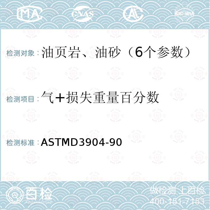 气+损失重量百分数 ASTMD3904-90 StandardTestMethodforOilfromoilshale（油页岩含油率测定法）